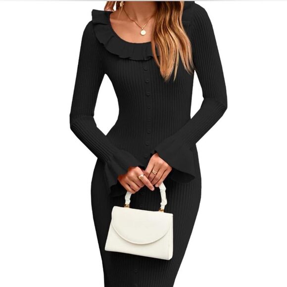Unbranded Dresses & Skirts - Black Ruffle Ribbed Knit Sweater Dress Long Sleeve Bodycon Maxi Dress